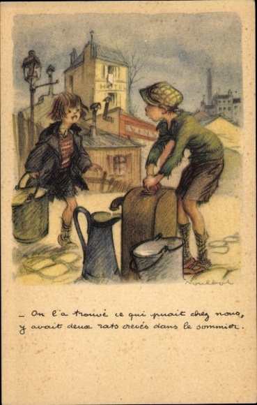 Artist Postcard Poulbot, Francisque, Boy at the Water Pump, Girl with a Bucket