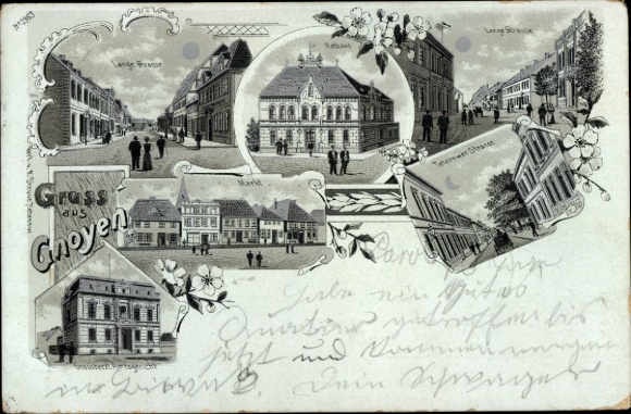 Moonlight Chromo-Litho Gnoien in Mecklenburg, Lange Straße, market, district court, town hall