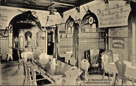 Postcard Wölpinghausen in Lower Saxony, interior of a restaurant, long tables, chairs, wall decoration