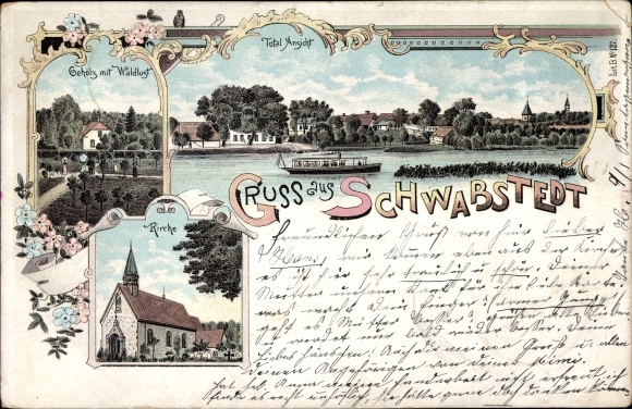 litho Schwabstedt aan de Treene Noord-Friesland, kerk, bos met boslust, totaaloverzicht