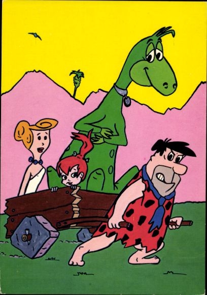 Artist Postcard Fred Flintstone, Wilma, Pebbles, Dinosaur, Handcart