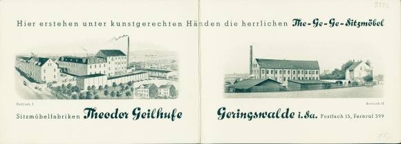 Folding Postcard Geringswalde Saxony, seating furniture factories Theodor Geilhufe, The-Ge-Ge seating furniture