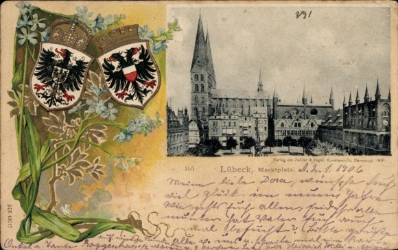 Embossed coat of arms Postcard Hanseatic City of Lübeck, Market Square