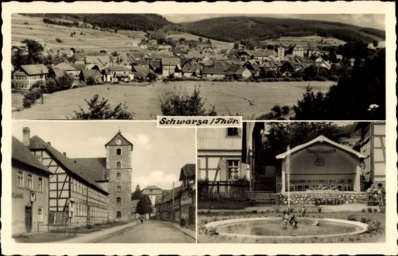 Postcard Schwarza in the Thuringian Forest, panorama, street section, pavilion