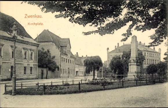 Postcard Zwenkau in Saxony, church square, monument