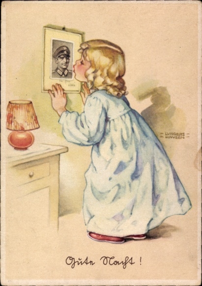 Künstler Ak Lungershausen, Ilse Wende, Gute Nacht, Wehrmachtsoldat, Mädchen, Kuss