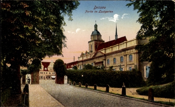Postcard Dessau in Saxony-Anhalt, part of the Lustgarten, landscape, buildings, trees