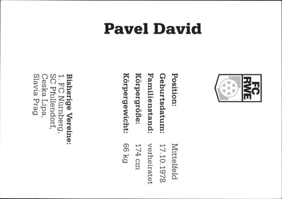 Autograph card footballer Pavel David, FC Rot-Weiß Erfurt, autograph