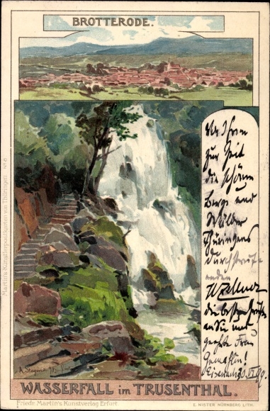 Artist Chromo-Litho Stagura, A., Brotterode Trusetal in Thuringia, waterfall in the Trusental