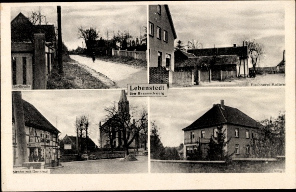 Postcard Lebenstedt Salzgitter in Lower Saxony, church, monument, butcher's shop Kallbrei, villa, village street