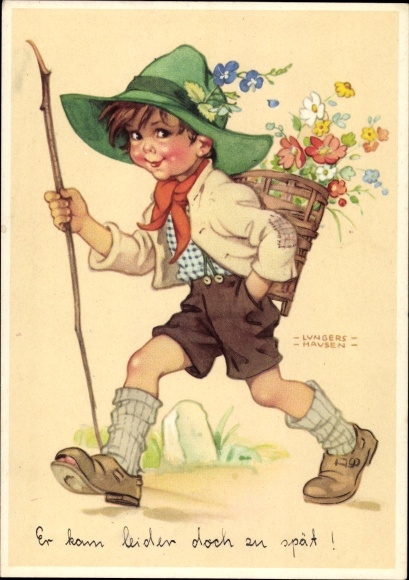 Artist PC Lungershausen, Ilse Wende, boy with backpack, flowers