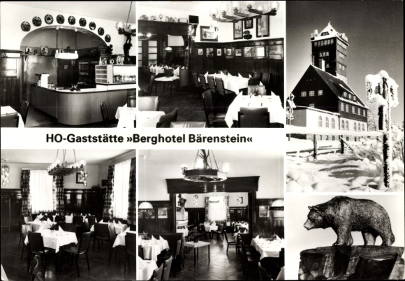 Postcard Bärenstein in the Ore Mountains, HO-Gaststätte Berghotel Bärenstein, winter, dining room, Bär