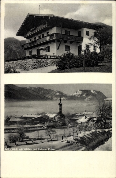 Postcard Reit im Winkl in the Traunstein district, Hirtl guesthouse, town with the Wild and Tame Emperors