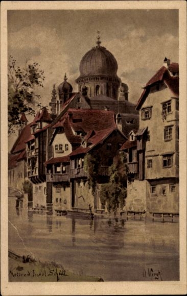 Artist Postcard Nuremberg in Middle Franconia, Schütt Island, Synagogue