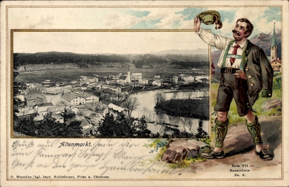Embossed Passepartout PC Altenmarkt an der Alz Upper Bavaria, general view, farmer's boy in traditional costume