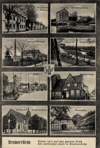 Postcard Bremervörde, Neuestraße, mill works, dairy, town hall, farmhouse, church, coat of arms