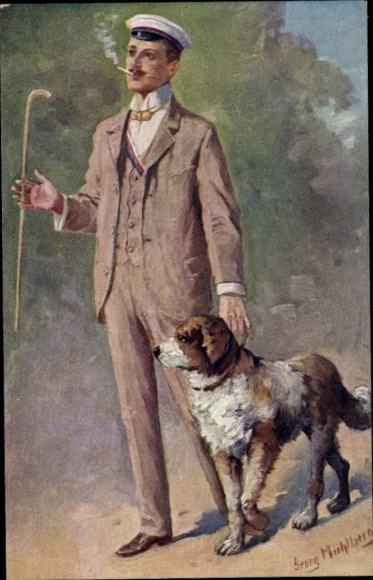 Studentika artist Postcard Mühlberg, Georg, A dashing fellow, smoking student, dog