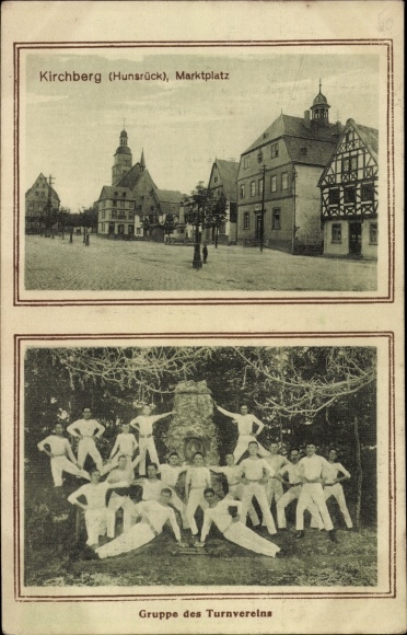 Postcard Kirchberg im Hunsrück, market place, group of the gymnastics club, monument