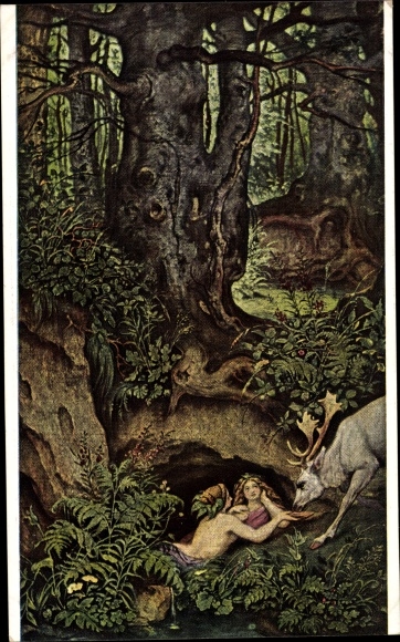 Artist PC Schwind, Moritz von, mermaids, deer watering, Ackermann series 213b no. 2173