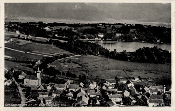 Postcard Seehausen am Staffelsee, aerial photograph, overall view with Sankt Uli