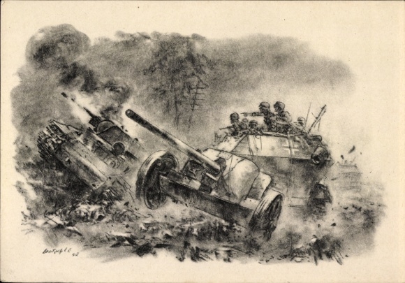 Artist Postcard Gotschke, German Wehrmacht, Panzergrenadiers, change of position forward, gun, VDA
