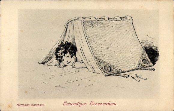 Artist Postcard Kaulbach, Hermann, Living Bookmark, Child under a Book