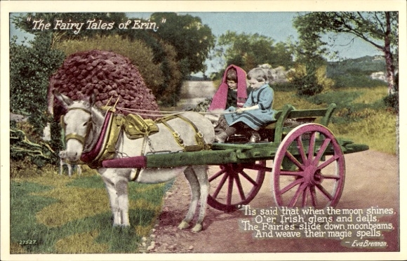 Postcard The Fairy Tales of Erin, poem Eva Brennan, children on a donkey cart
