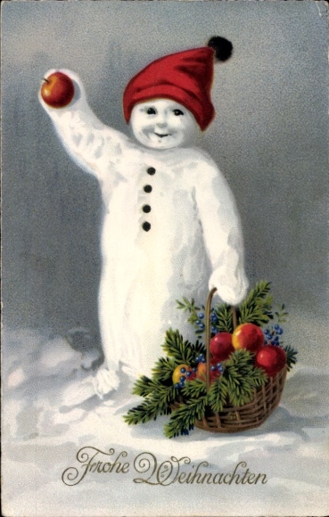 Ak Glückwunsch Weihnachten, Schneemann, Korb, Tannenzweige, Früchte
