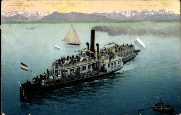 Postcard saloon steamer Wittelsbach on Lake Starnberg, flags