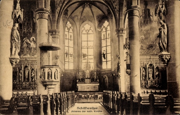 Postcard Heiligenwald Schiffweiler in Saarland, Catholic church, interior, pulpit, altar