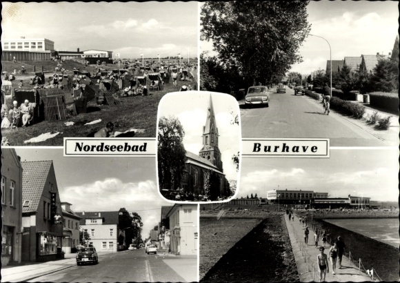Postcard Burhave Butjadingen Wesermarsch, street views, pier, church, beach