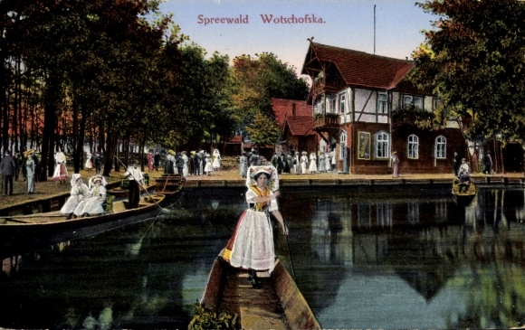 Postcard Wotschofska Lübbenau Spreewald, Restaurant Wotschofska, women in Spreewald costume