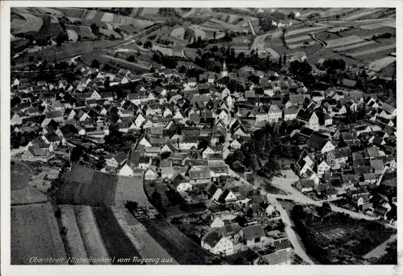 Postcard Obernbreit in Lower Franconia, aerial view of Obernbreit, many houses, fields