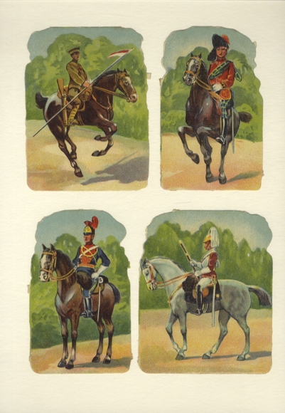4 wafer soldiers in different uniforms on horses, size approx. 12 x 9 cm each