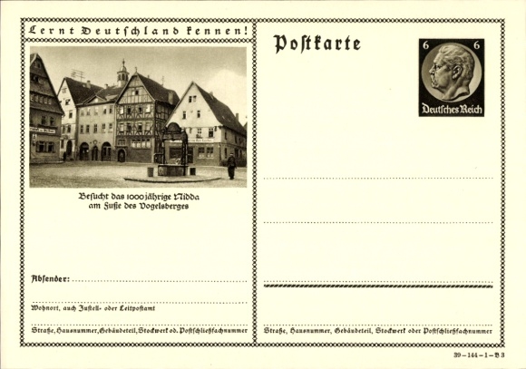 Postal stationery PC Nidda in Hesse, market square, fountain, half-timbered house