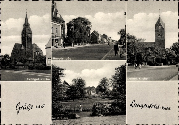 Ak Langenfeld im Rheinland, Evangelische Kirche, Katholische Kirche, Hauptstraße, Am Dreieck