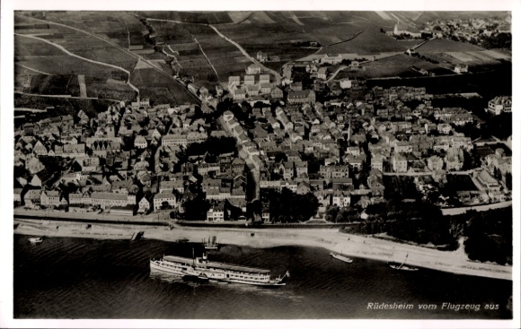 Postcard Rüdesheim am Rhein, aerial view of river, ships, landscape