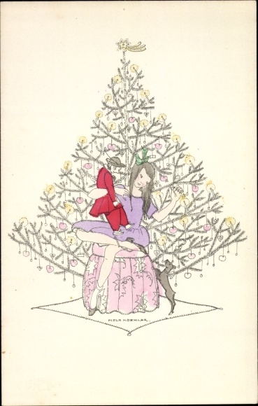 Artist PC Köhler, Mela, Happy Christmas, girl with a doll in front of a Christmas tree