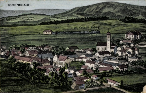 Postcard Iggensbach Lower Bavaria, landscape photograph of village architecture, train station, church, h...