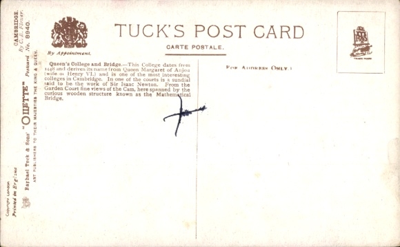 Artist Postcard Flower, Charles F., Cambridge East England, Queens College and Bridge