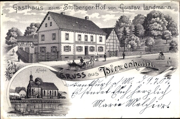 Chromo-Litho Hirzenhain in Hesse, Gasthaus zum Stolberger Hof, church