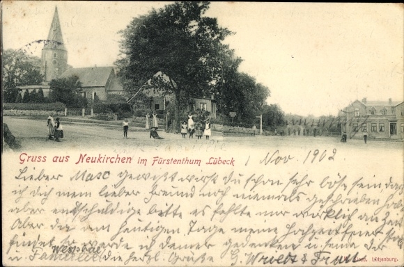 Postcard Neukirchen in Ostholstein, street view, church, residents