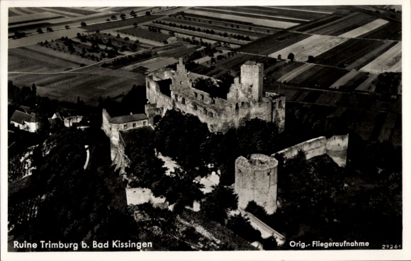 Postcard Bad Kissingen Lower Franconia Bavaria, aerial view of the Trimburg ruins, black and white photo
