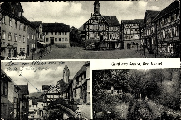 Postcard Sontra in Hesse, market square with half-timbered houses, Alt-Sontra, elf grotto