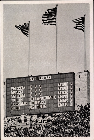 Collection picture Olympics 1936, scoreboard, decathlon, Morris, Clark, Parker, USA