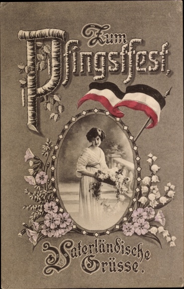 PC congratulations Pentecost, patriotic greetings, woman, flag
