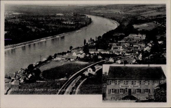 Postcard Obertüllingen Lörrach in Baden Württemberg, aerial view of Rheinweiler, Gasthaus zur Sonne,