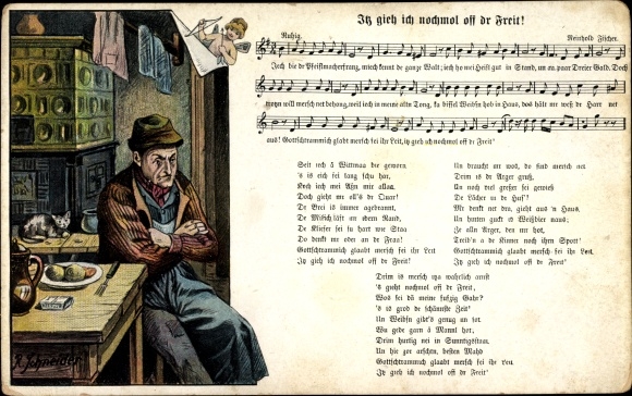Song Postcard Schneider, Rud., Itz I go off again by Freit, Wilhelm Vogel, man, tiled stove