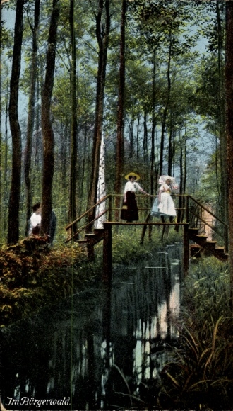 Ak Lübbenau im Spreewald, Spaziergänger in einem Park, im Hintergrund eine Brücke über einen F...