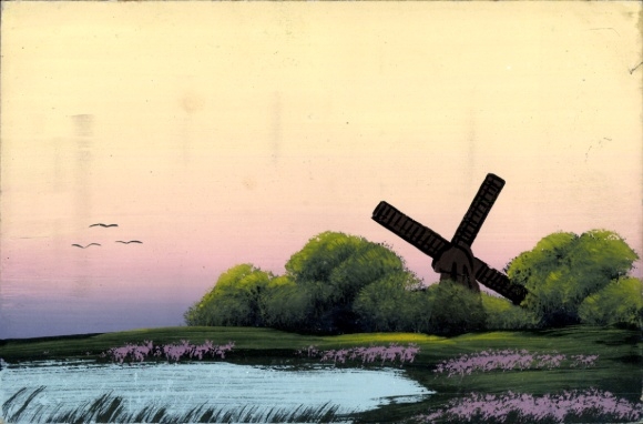 Hand-painted picture riverbank, windmill